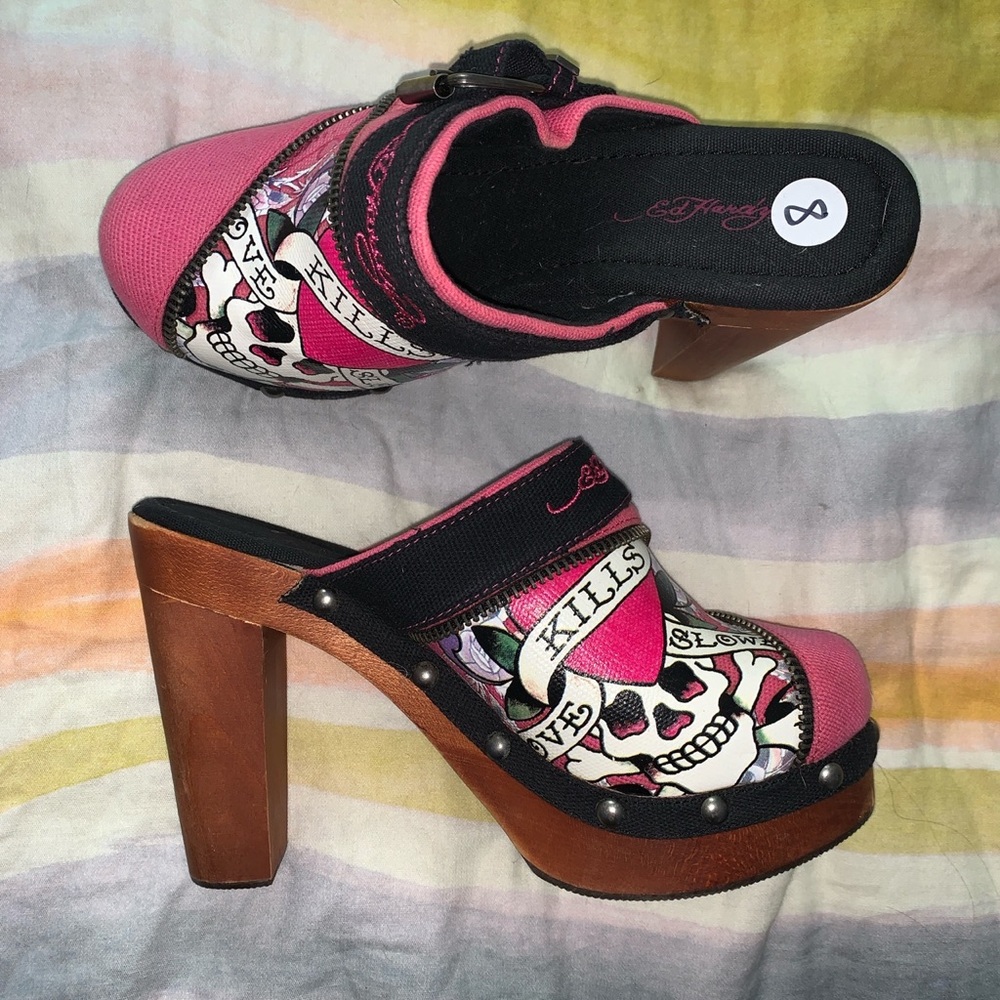 Ed Hardy “Love Kills Slowly” grunge platform heeled clogs
